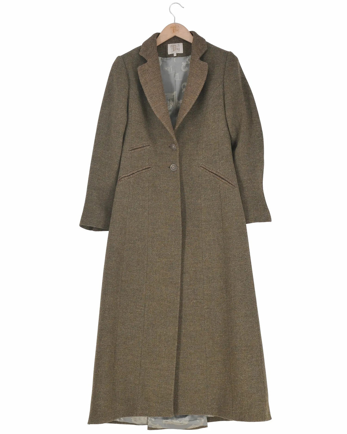 Women's Lancelot Combi long coat in khaki herringbone wool tweed with contrasting brown lapels by T.ba
