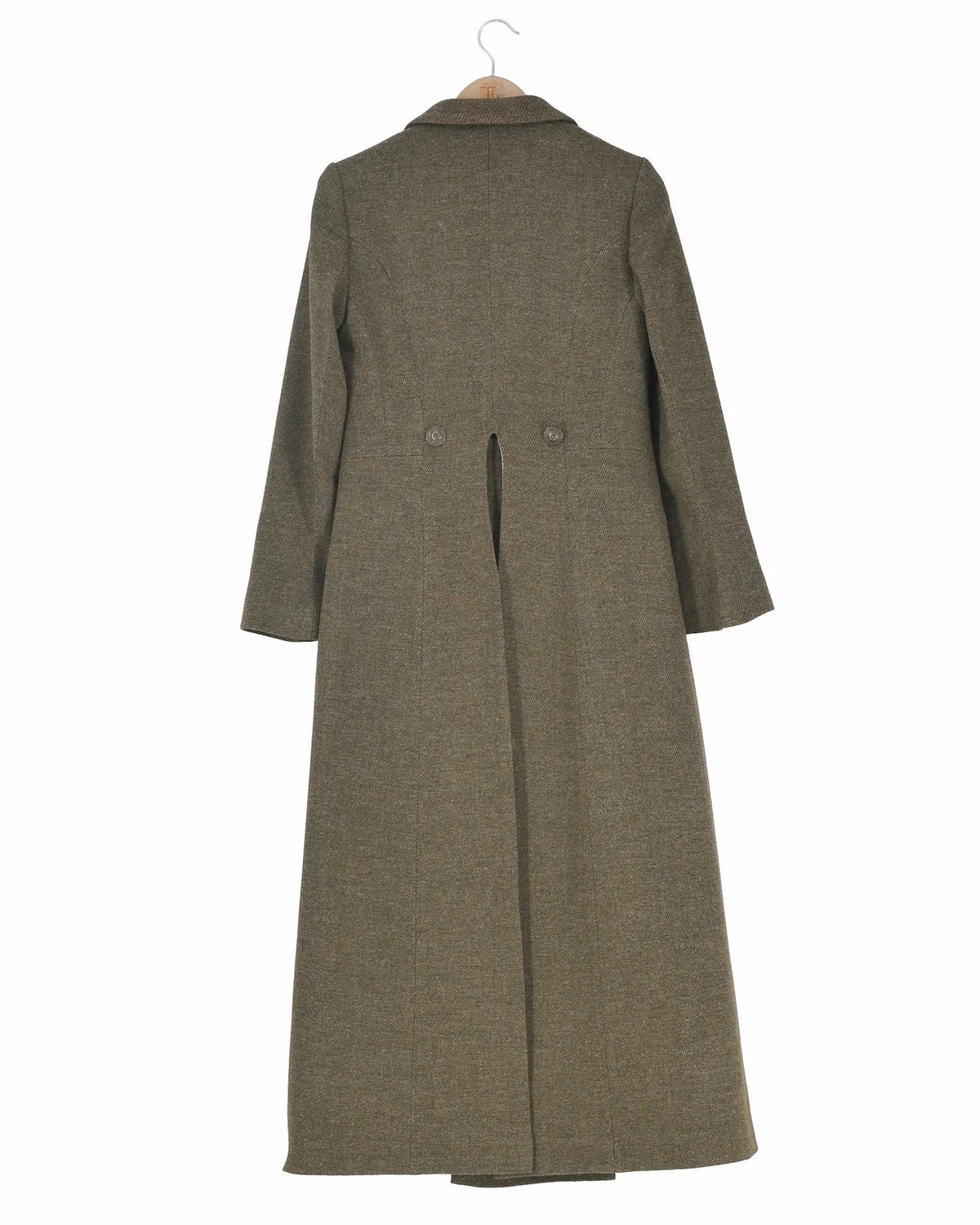 Back view of women's Lancelot Combi long coat in khaki herringbone wool tweed with contrasting brown lapels by T.ba