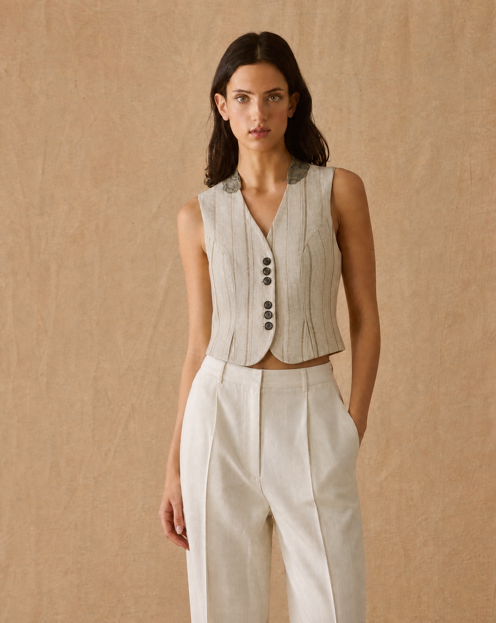 Linen Aya T.ba Vest - Stripes Stone