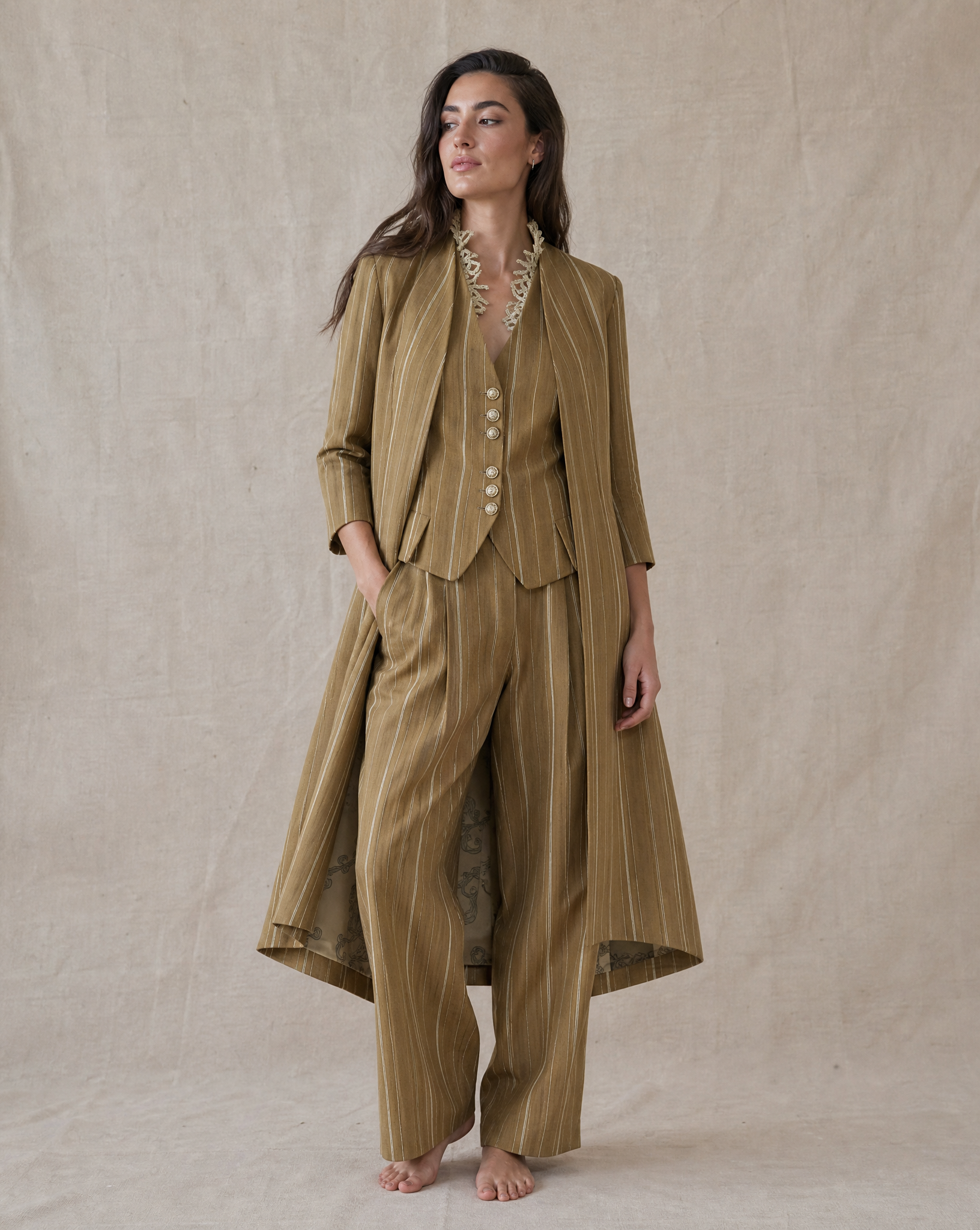 Linen Ginebra Noor Coat - Stripes Toffee