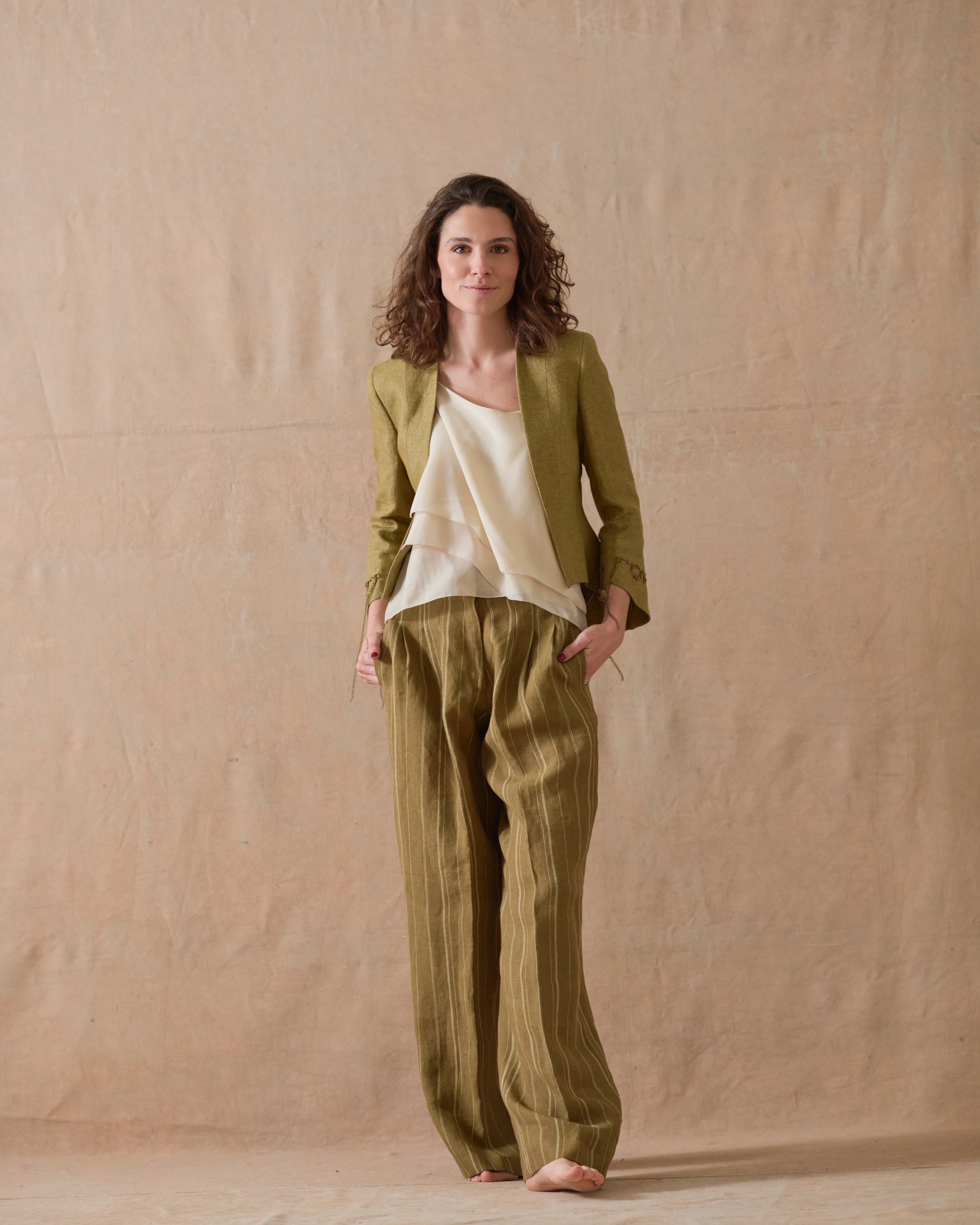 Pantalón Biella de Lino - Rayas Toffee