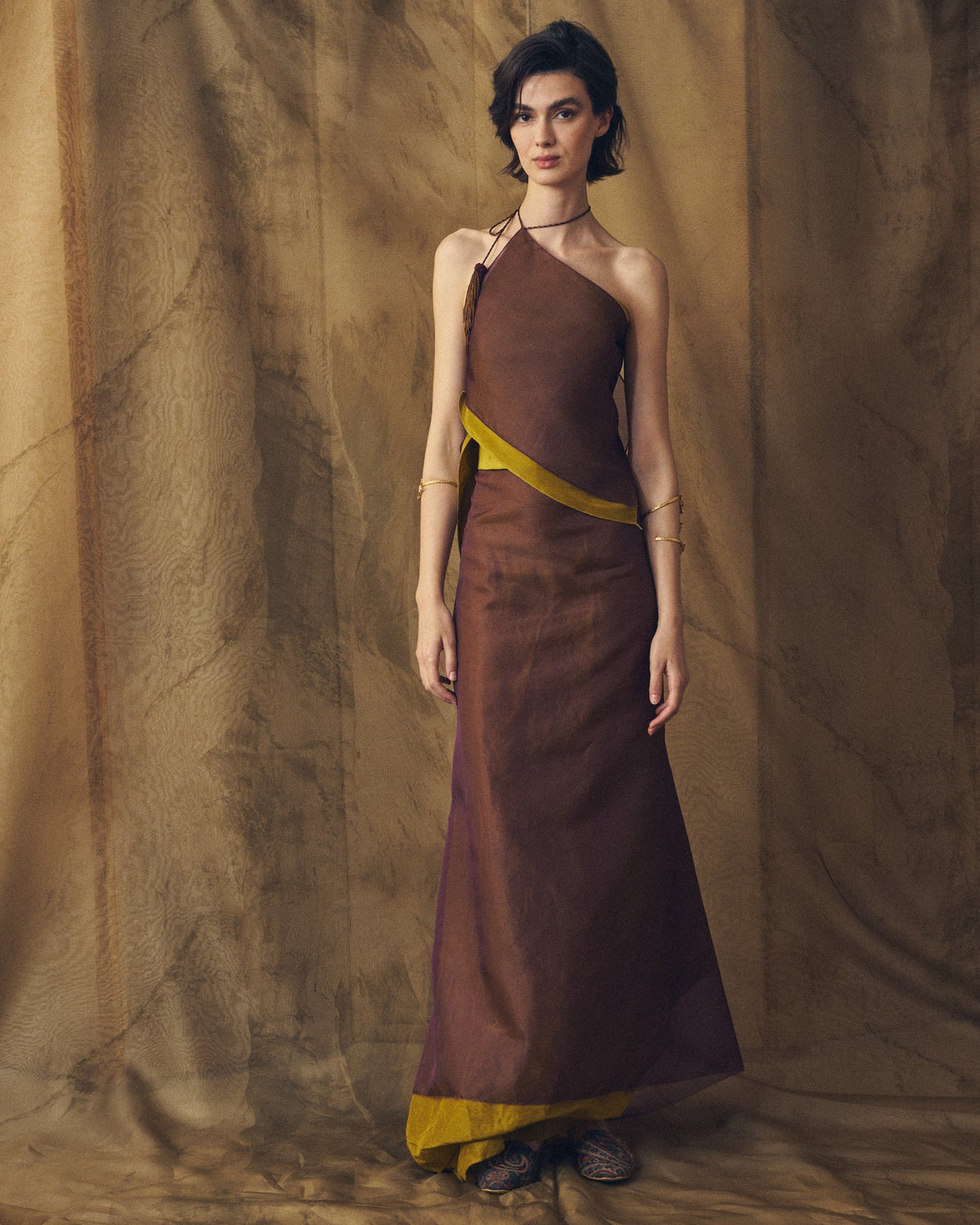 Women's Organza Panarea aubergine sheer long skirt with mustard yellow contrast hem detailing by T.ba