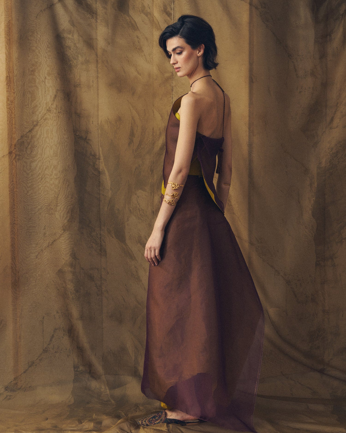 Side view of women's Organza Panarea sheer aubergine and arbequina long skirt with asymmetrical layer by T.ba