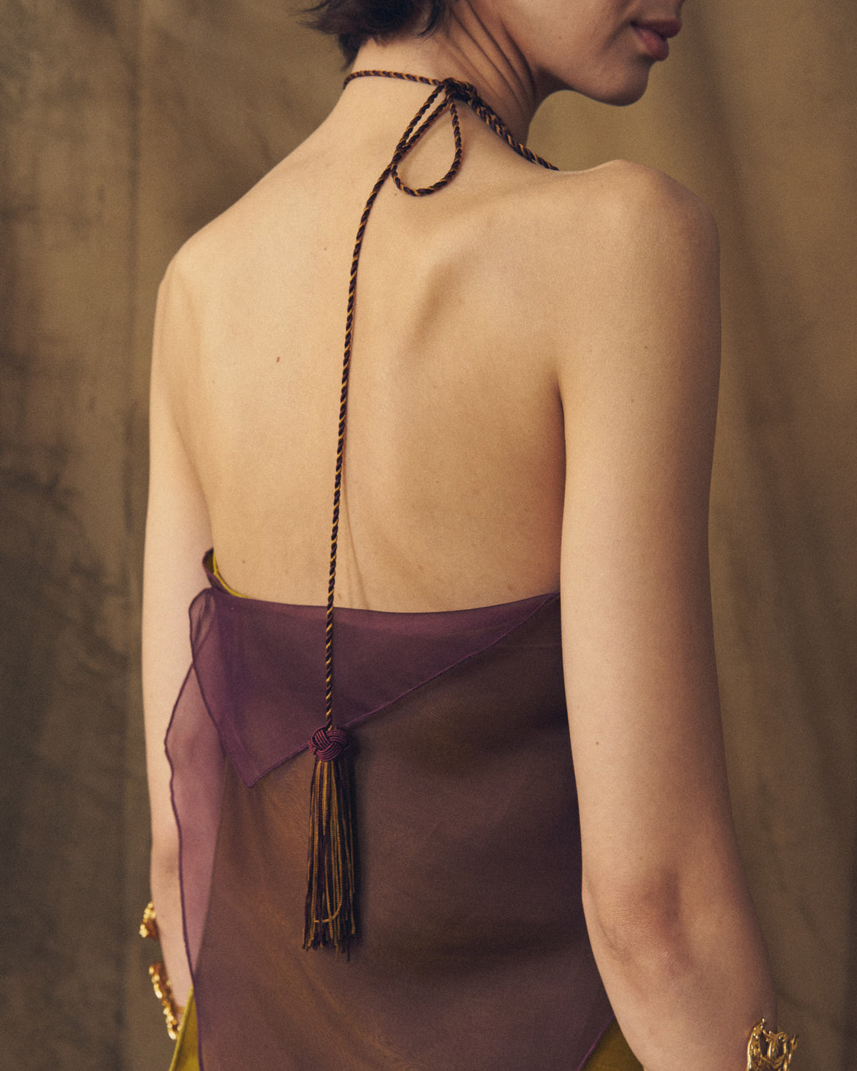 Close up shot highlighting the delicate halter cord and decorative tassel tie on the backless Panarea organza top by T.ba