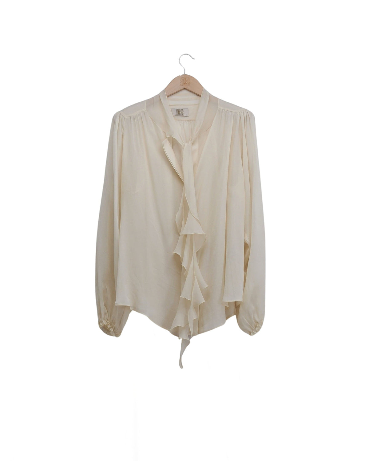 Pienza blouse in fine crepe in natural white with a ruffled front panel, a bow at the neck, and puffed sleeves for women, T.ba