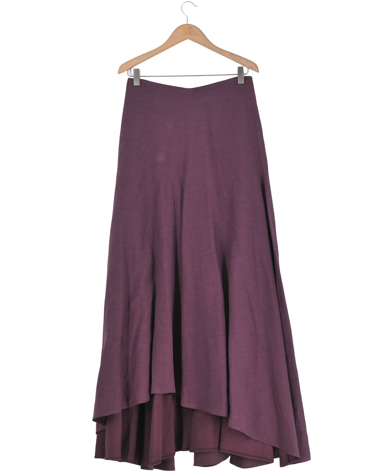 Front studio view on hanger of the Powin Bolero A-line long linen skirt in grape purple by T.ba