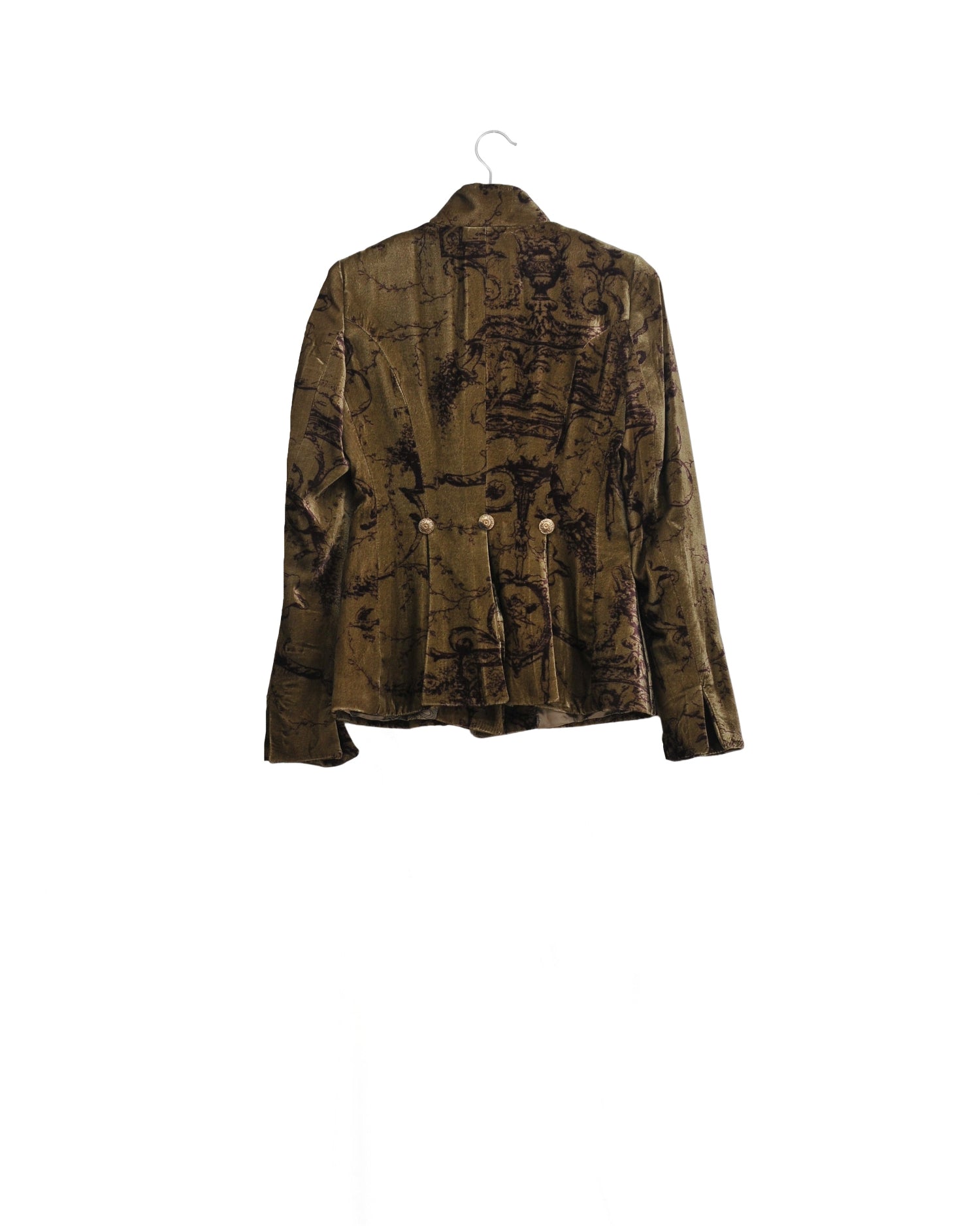 Back studio view on hanger of the tailored Sam printed silk velvet jacket in mocca green by T.ba