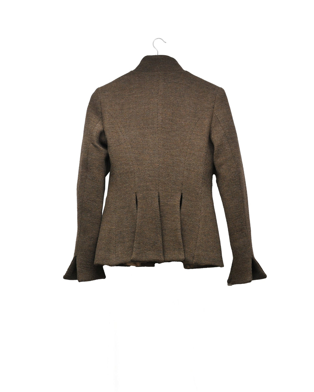Back studio view on hanger of the fitted Sam brown tweed jacket with pleat details on the lower hem by T.ba