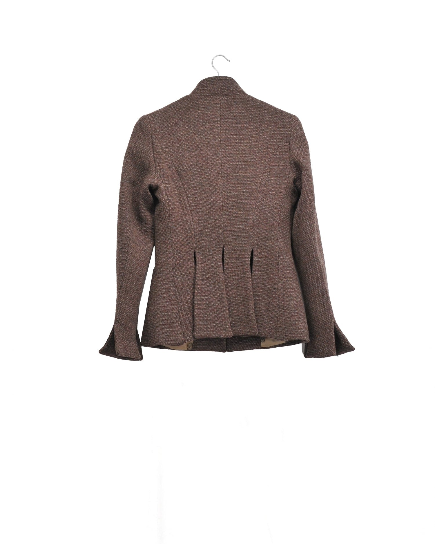 Back studio view on hanger of the fitted Sam brown tweed jacket showing pleated lower back details by T.ba