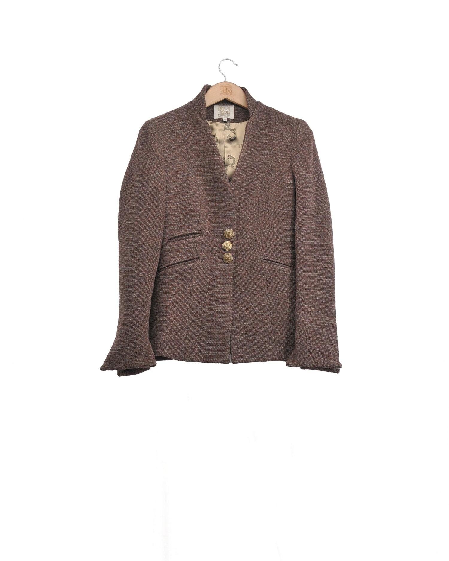 Front studio view on hanger of the tailored Sam jacket in brown blend tweed with high collar by T.ba