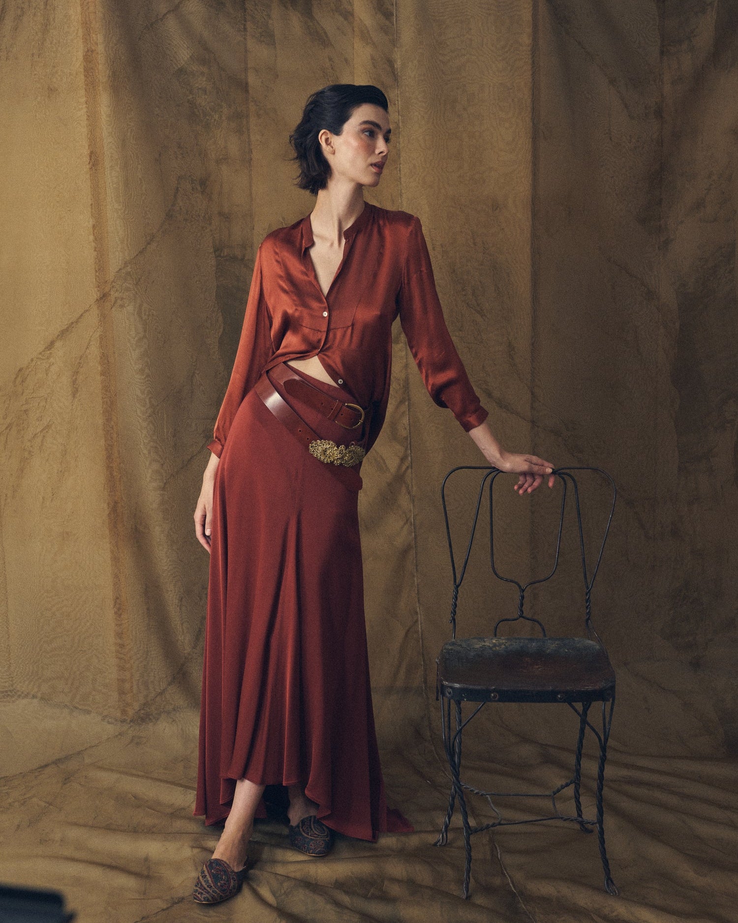 Women's Copper Wool Sharkskin Bolero flared long skirt styled with leather belts by T.ba