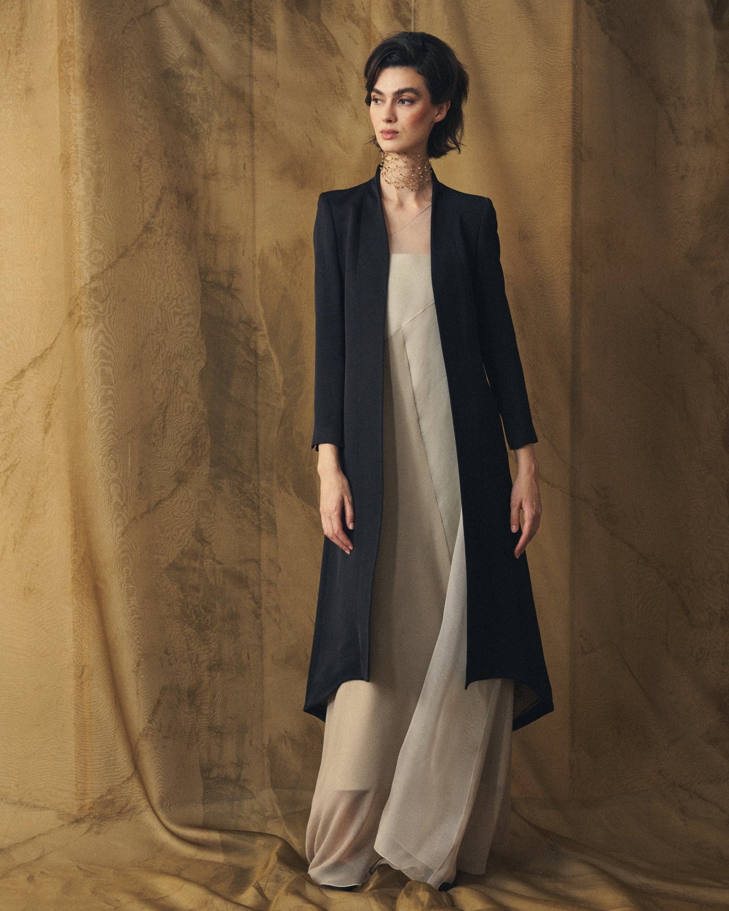 Women's open-front Black Sharkskin Ginebra long coat in viscose over silk dress by T.ba