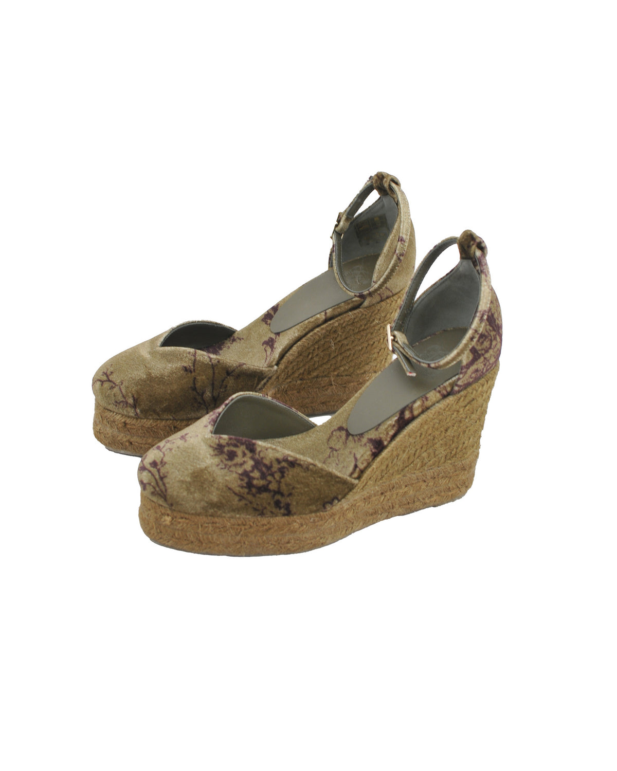 Studio side perspective shot of women's Chiara wedge espadrilles in printed mocca silk velvet with jute soles T.ba