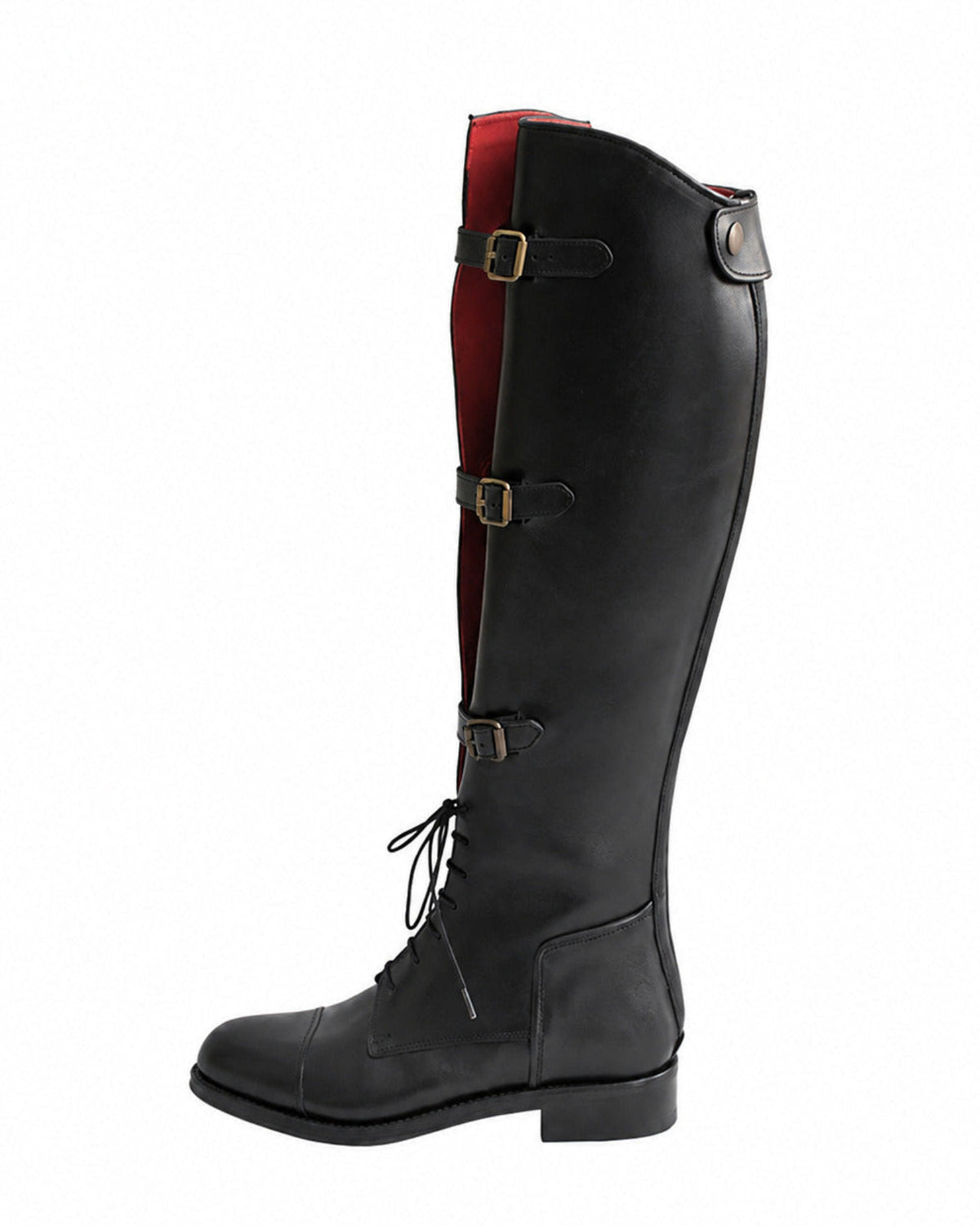 Side profile of women's black leather straps riding boot featuring lace-up front and buckle details T.ba