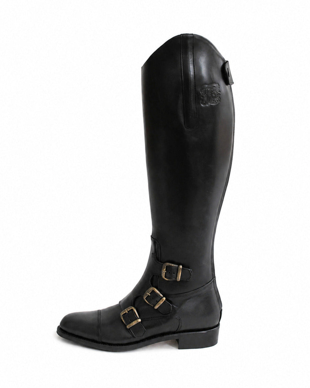 Side profile of women's black leather high riding boot with triple brass side buckles for women T.ba