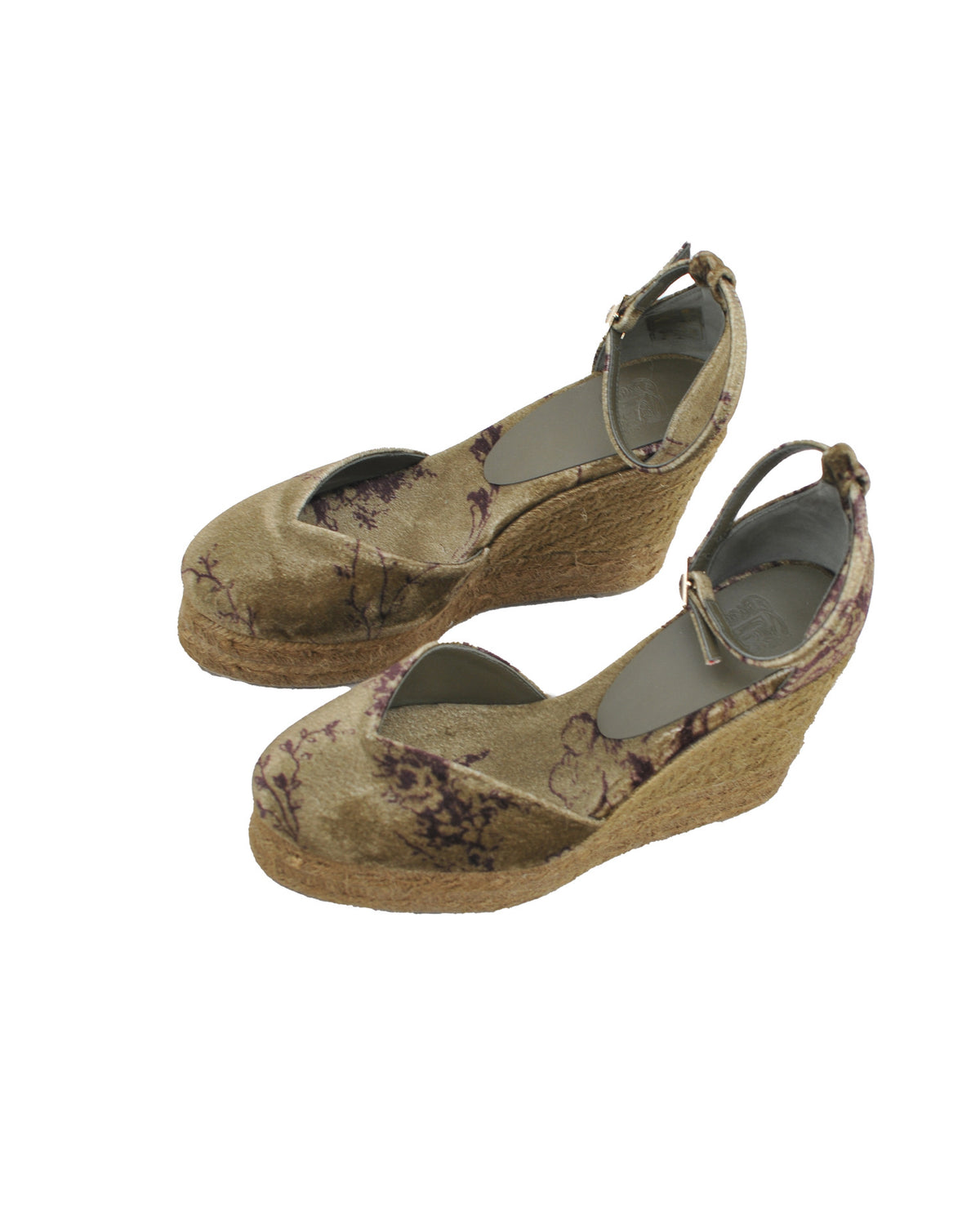 Top-down perspective view of a pair of Chiara wedge espadrilles in printed mocca silk velvet T.ba