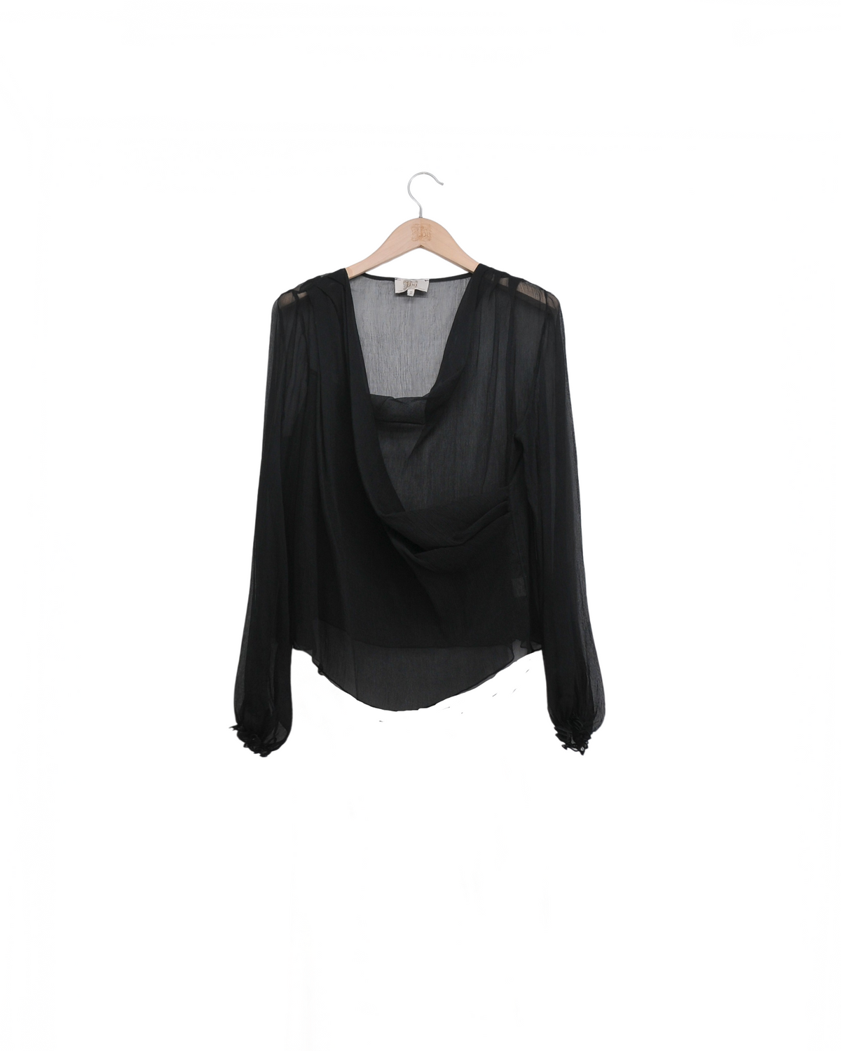 Toscana blouse in fine black fine crepe with a draped crossover neckline and puffed sleeves for women, T.ba