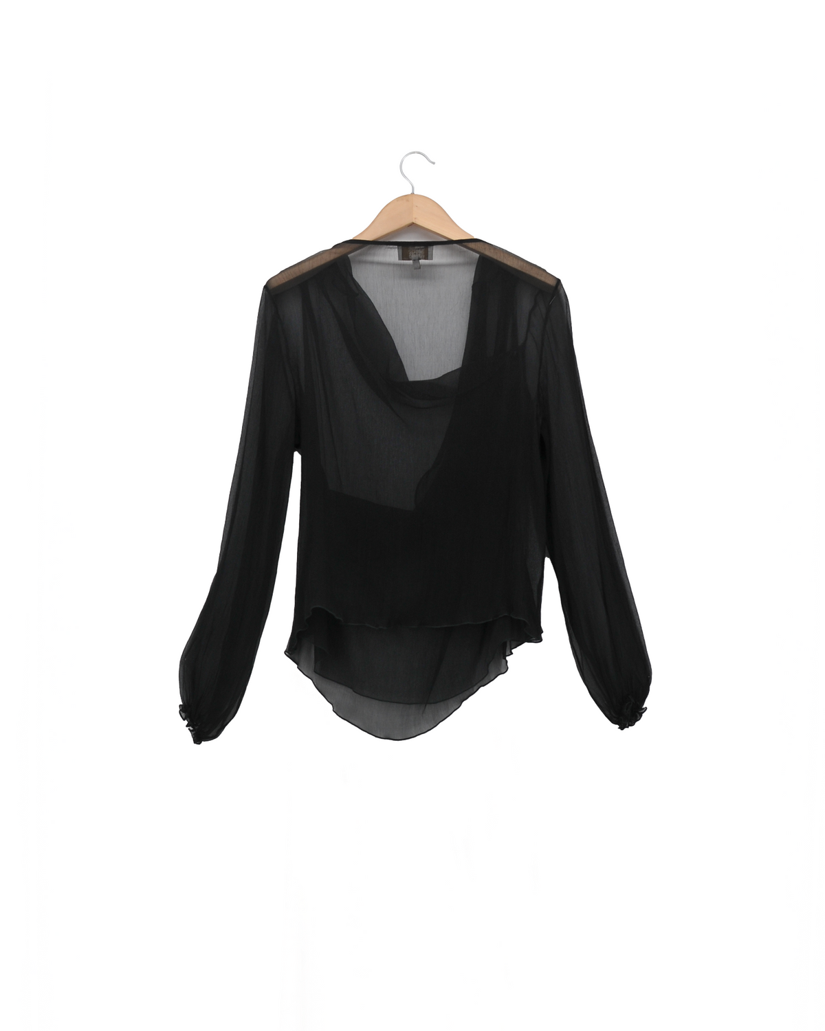 Back view of the Toscana blouse in fine black crepe with a draped crossover neckline and puffed sleeves for women, T.ba