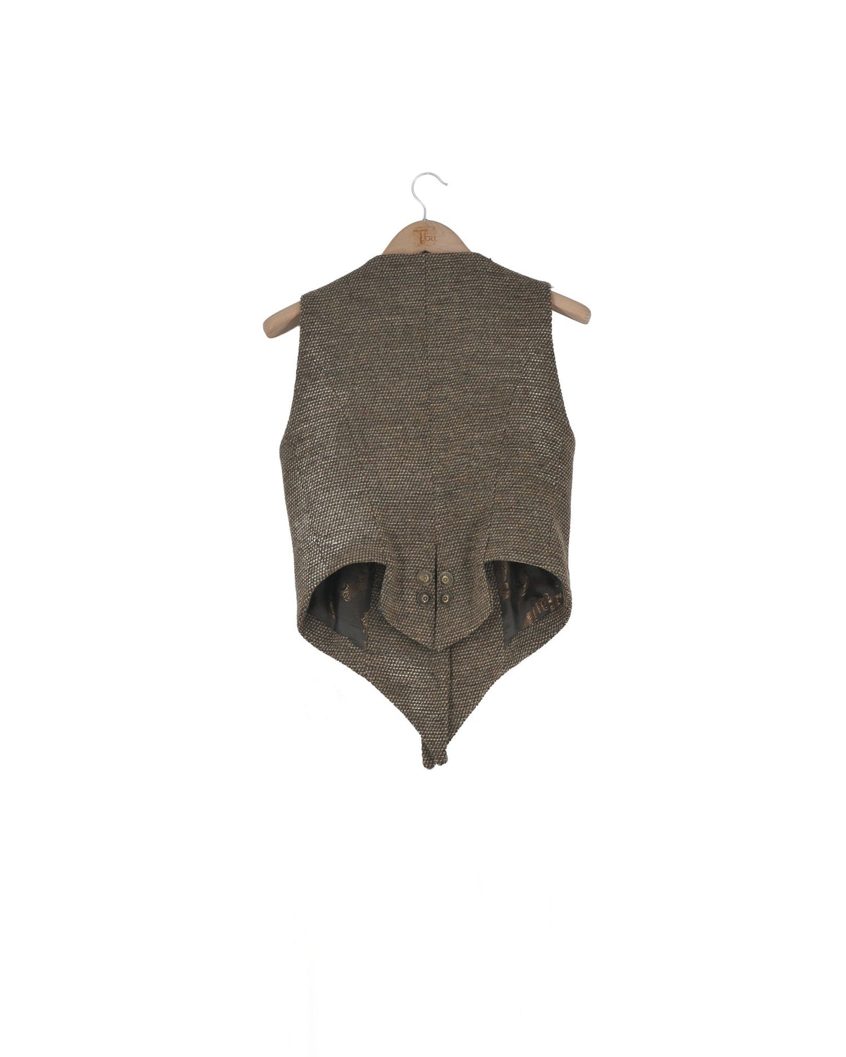 Back view of the Tweed Knit Short Baltea Vest in taupe on a hanger showing the buttoned back detail by T.ba.