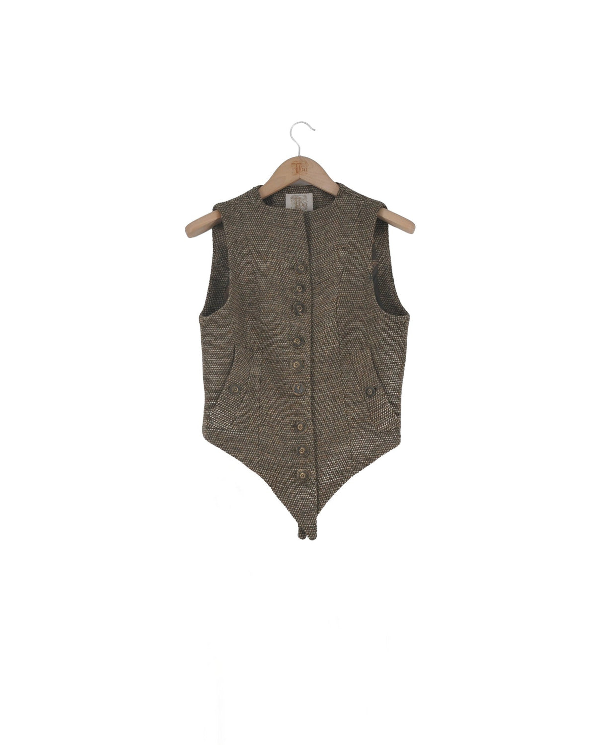 Front view of the Tweed Knit Short Baltea Vest in taupe on a hanger with a pointed hem and button closure by T.ba.