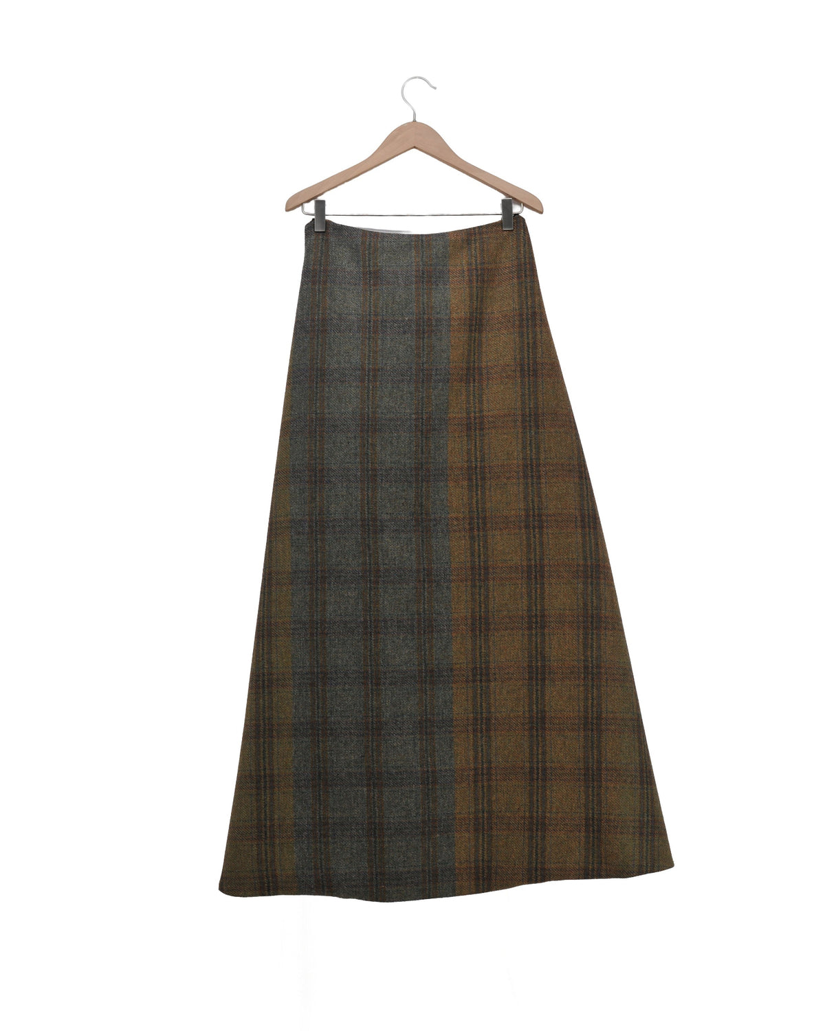 Product shot on hanger showing the back view of the Tweed Lancelot Skirt Mix maxi skirt in mixed plaid wool tweed for women by T.ba
