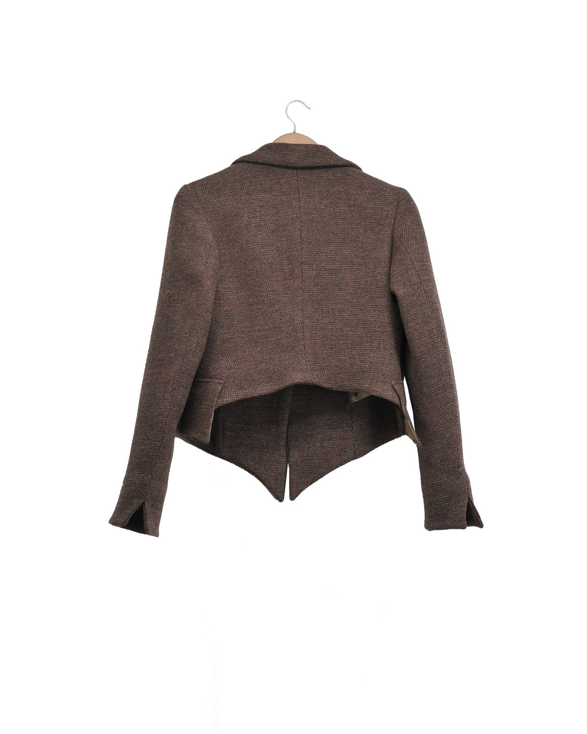 Back flat lay view of the short Verdi Tweed Knit jacket in grape tone wool blend for women by T.ba