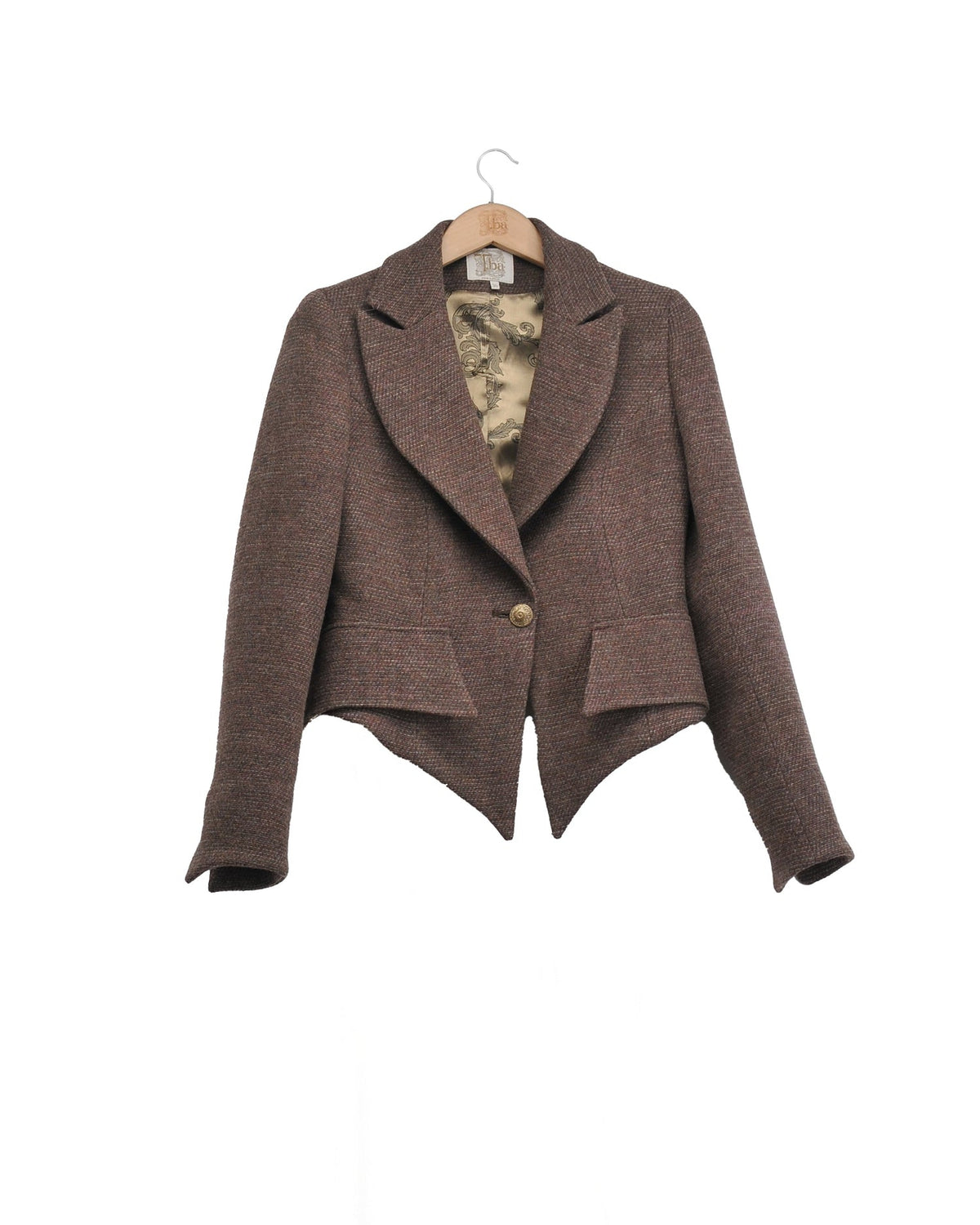 Front studio product shot of the short Verdi Tweed Knit jacket in grape with wide lapel and single button fastening by T.ba